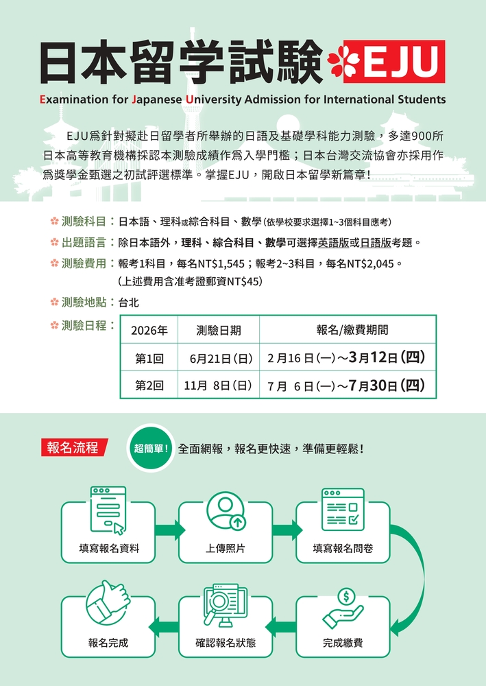 115年第1回「日本留學試驗（EJU）」訂於6月21日（週日）在台北舉行圖片
