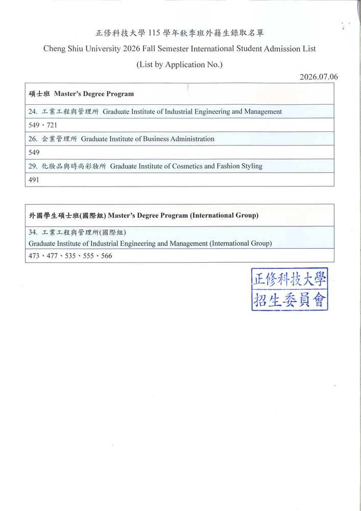 2026 Fall Semester International Student Admission List (115學年度秋季班外籍生錄取名單)圖片
