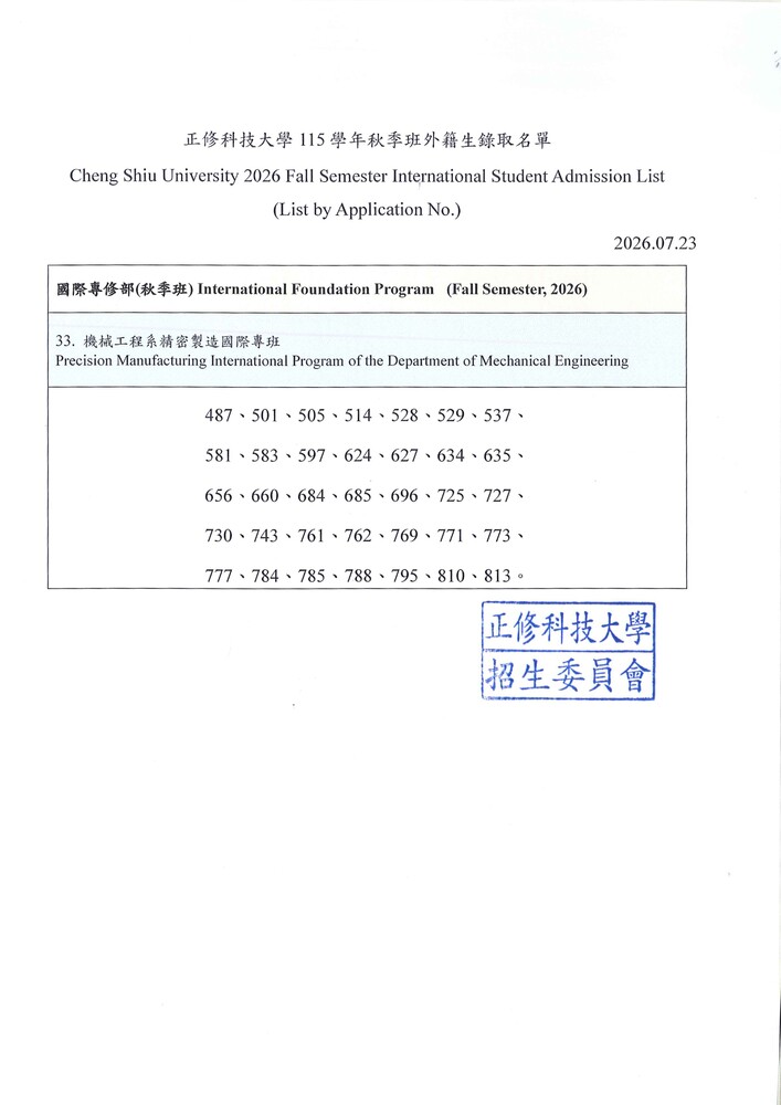 2026 Fall Semester International Foundation Program Admission List (115學年度國際專修部秋季班錄取名單)圖片